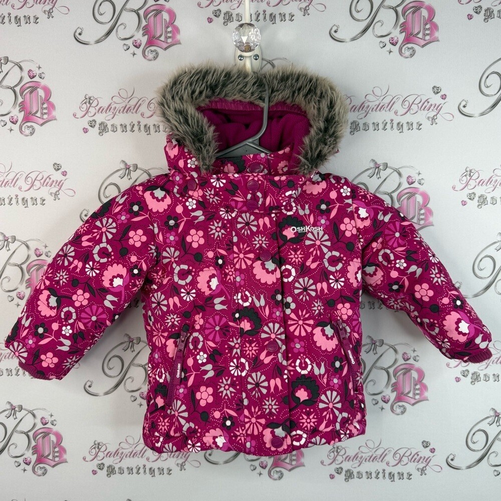 OshKosh jacket coat winter faux fur hood warm cozy Pink Floral Winter Jacket